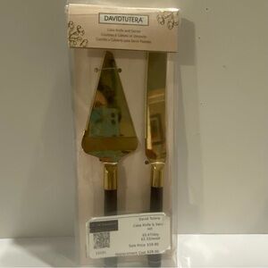 David Tutera Gold Cake Knife & Server Set Wood Handles Wedding Movie Prop NEW